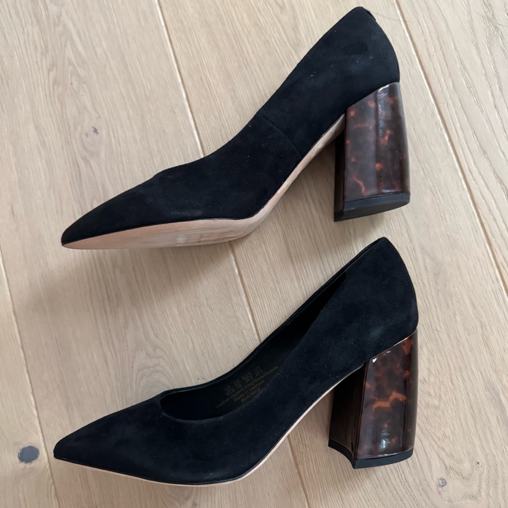 J. McLaughlin Beatrice Black Suede Heels with Tortoise Block heel